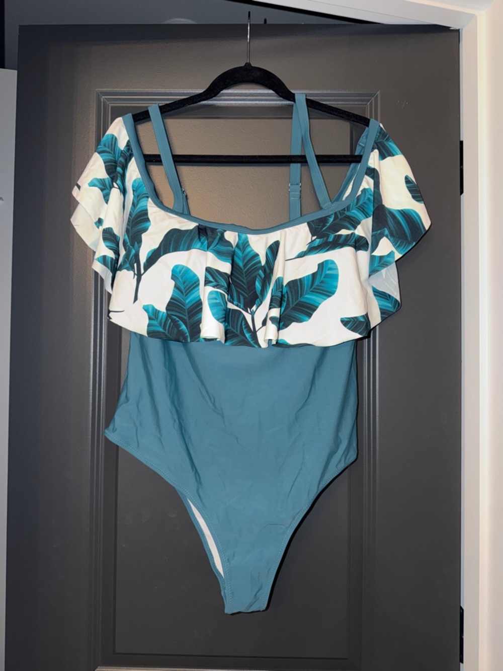 Teal Off-Shoulder One-Piece Swimsuit with Tropical Leaf Ruffle